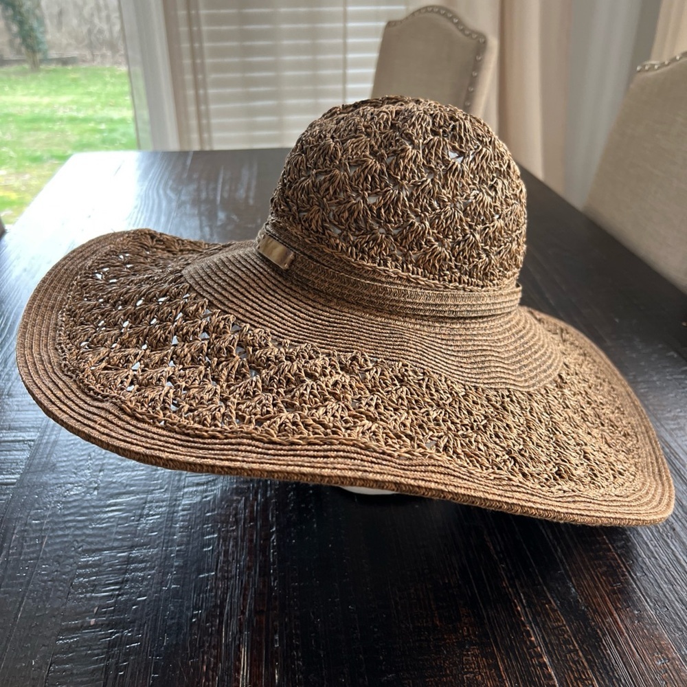 Nine West Wide Brim Straw Sun Hat Brown Woven Beach Resort Boho Women’s